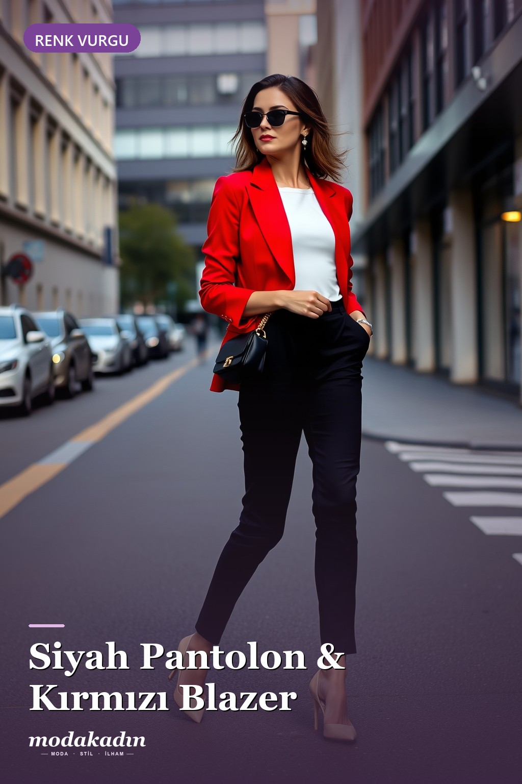 Siyah pantolon ve kırmızı blazer ile renk vurgulu kombin
