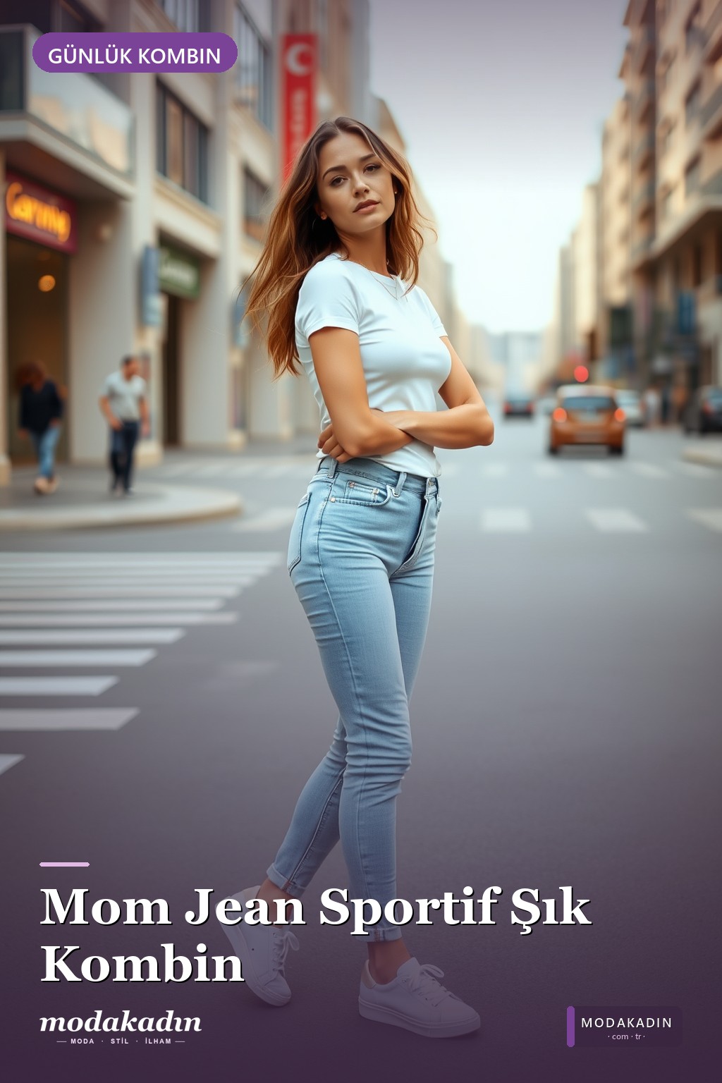Mom Jean + Basic Tişört + Beyaz Sneaker