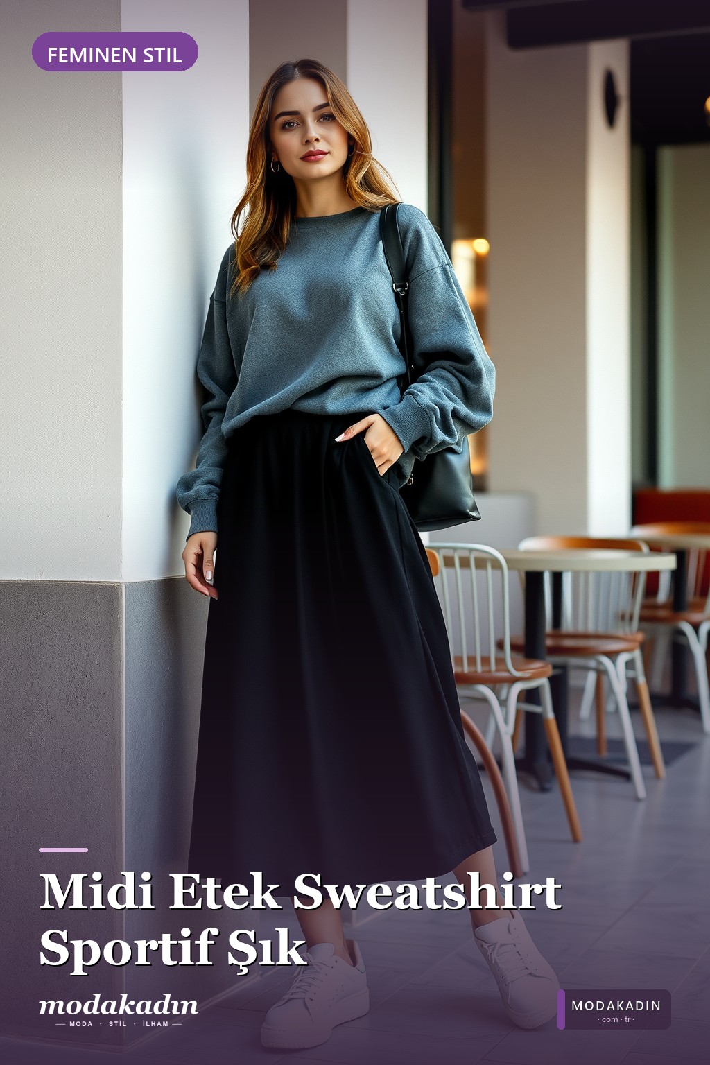 Midi Etek + Sweatshirt + Sneaker Kontrastı