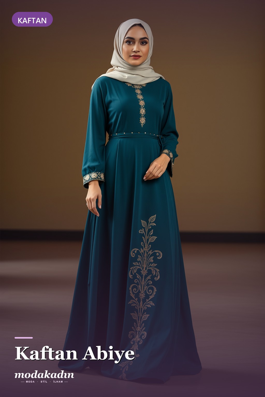 Zümrüt yeşili altın işlemeli kaftan tesettür abiye kombini