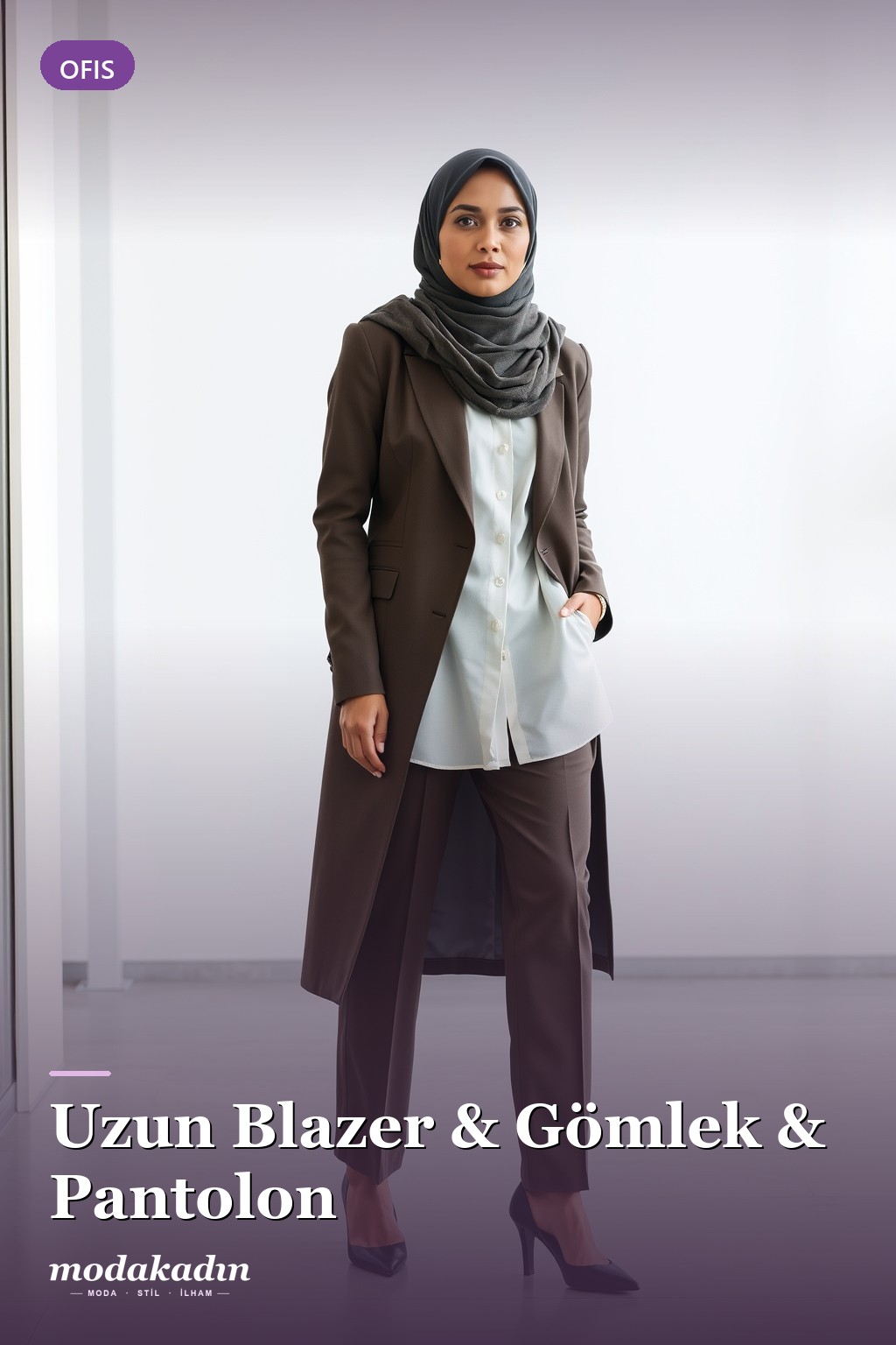 Uzun blazer, gömlek ve pantolon ile ofis tesettür kombini