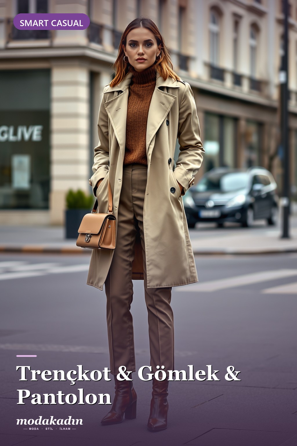 Trençkot, beyaz gömlek ve bej pantolon ile smart casual kombin