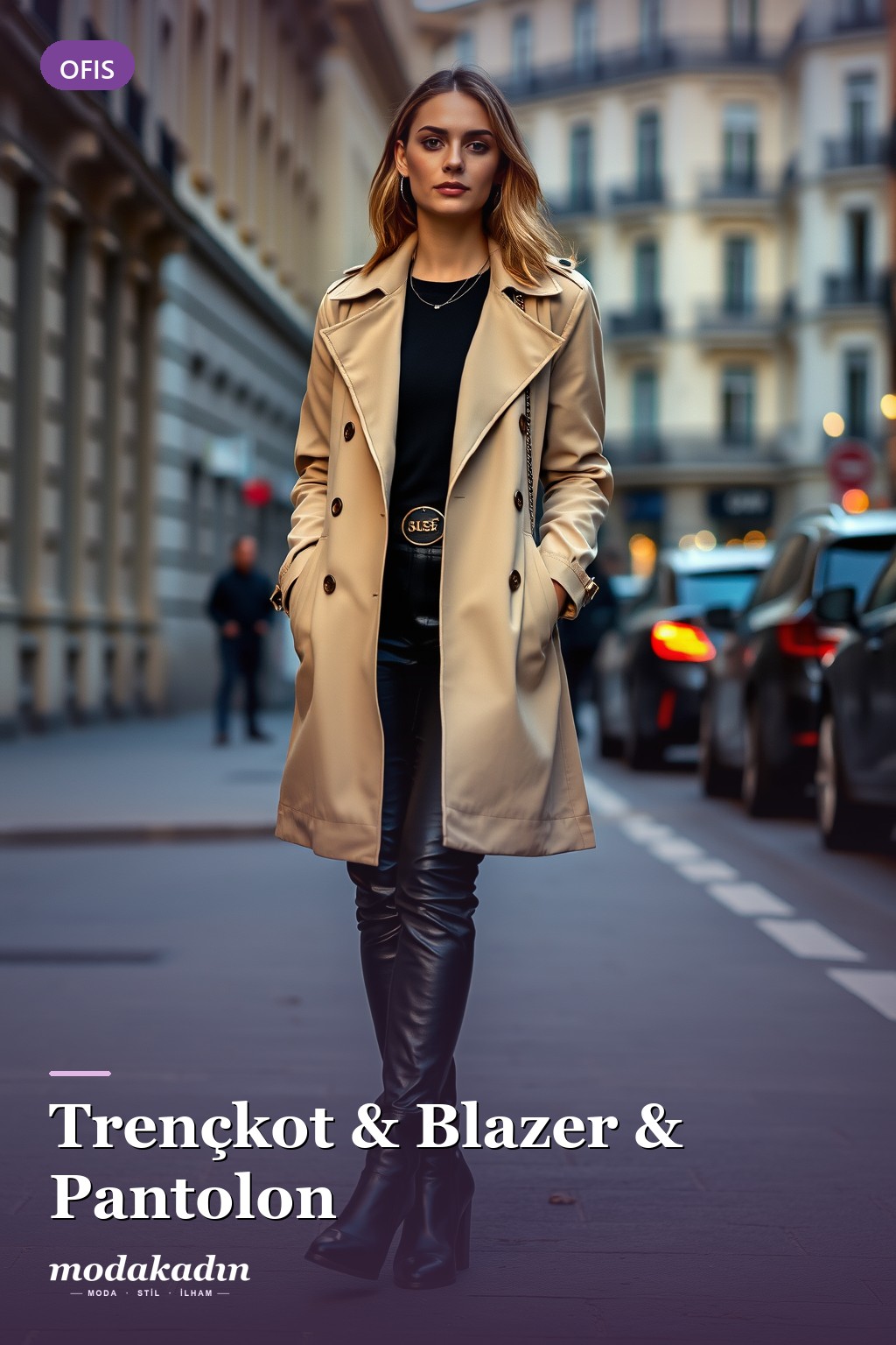 Trençkot, blazer ve pantolon ile ofis kombini