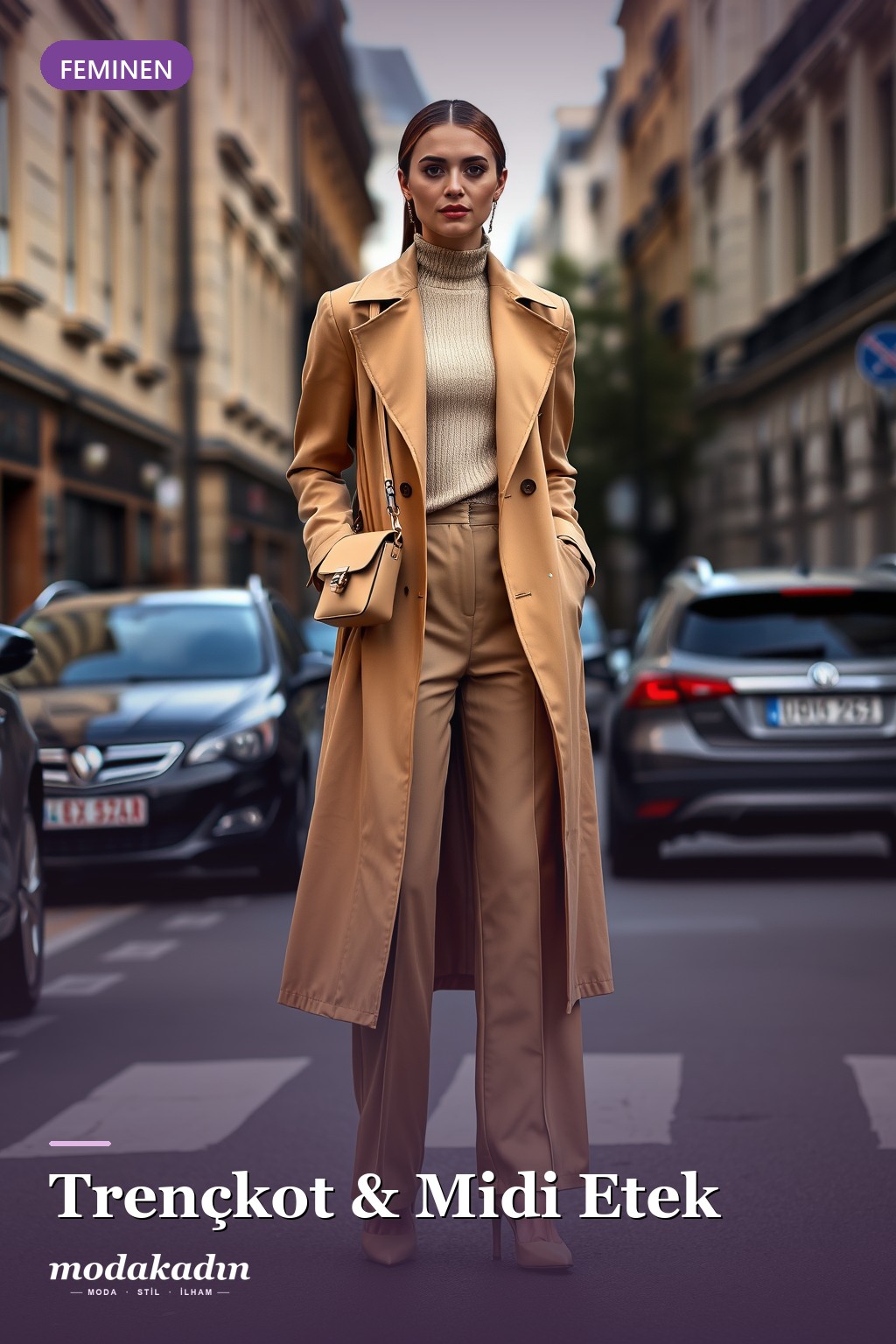 Trençkot ve pileli midi etek ile feminen kombin