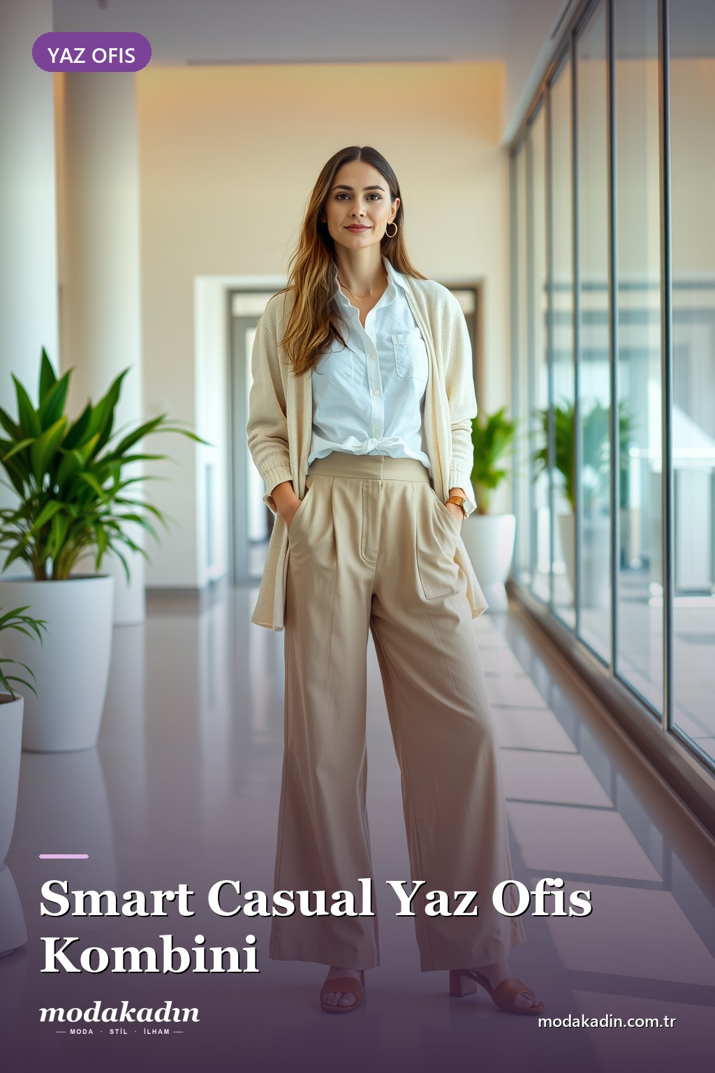 Smart casual yaz ofis kombini: keten pantolon, beyaz gömlek ve hırka