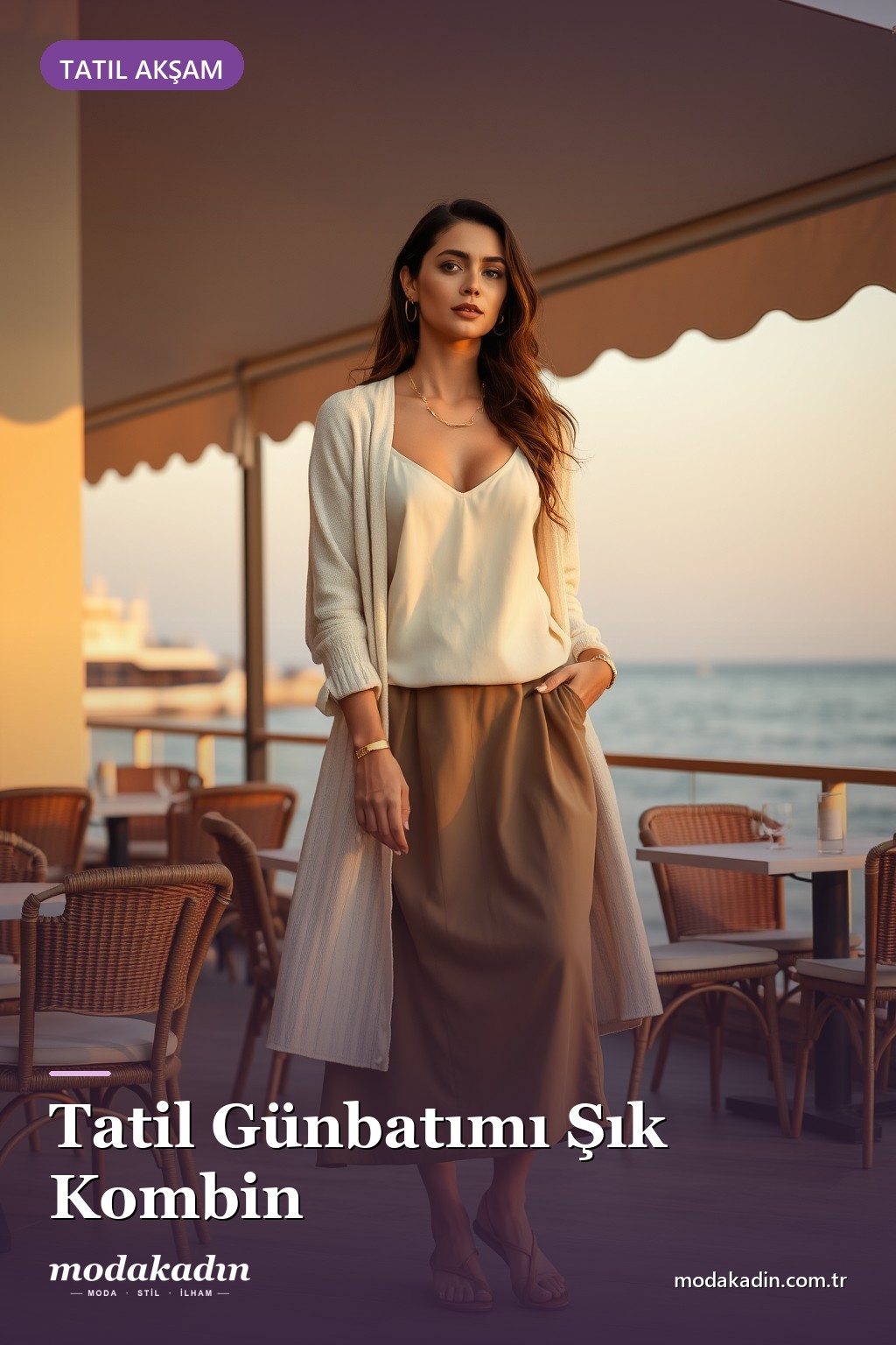 Tatil günbatımı şık kombin: haki etek, krem hırka ve sandalet